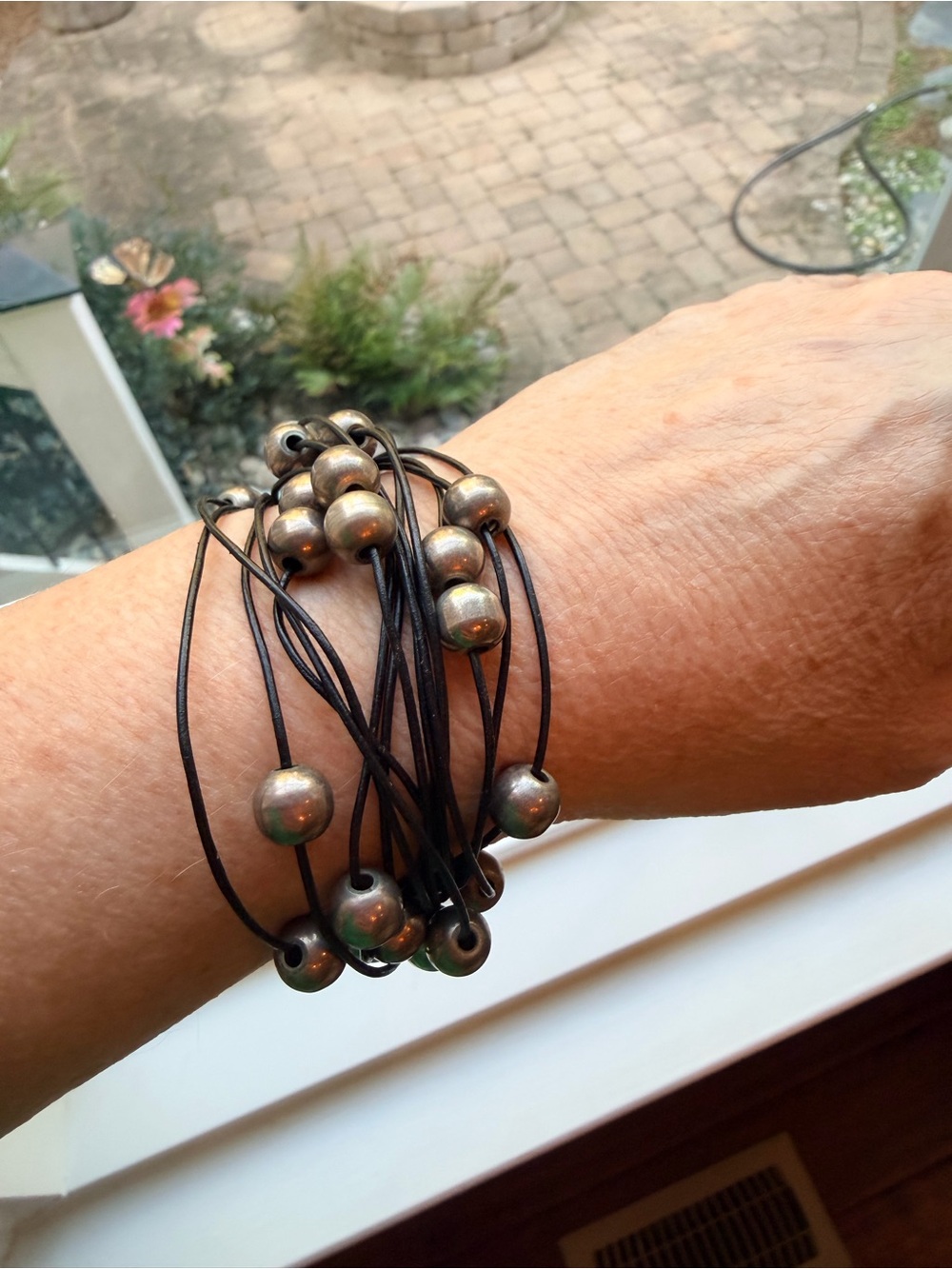 8” Multi-Strand Black Leather and Sterling Beads Bracelet